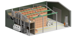 Cutaway illustration of a box potato store with its ventilation and refrigeration equipment